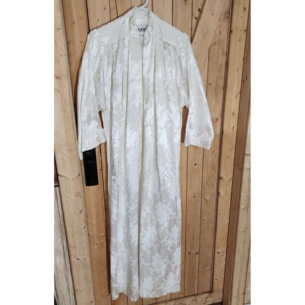 Vintage Ariel White Floral Damask Robe Zipper Front Pocket Jacquard XS USA gown